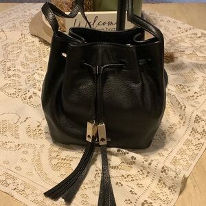 kate spade Black Leather Mini Drawstring Bucket Bag with Tassels